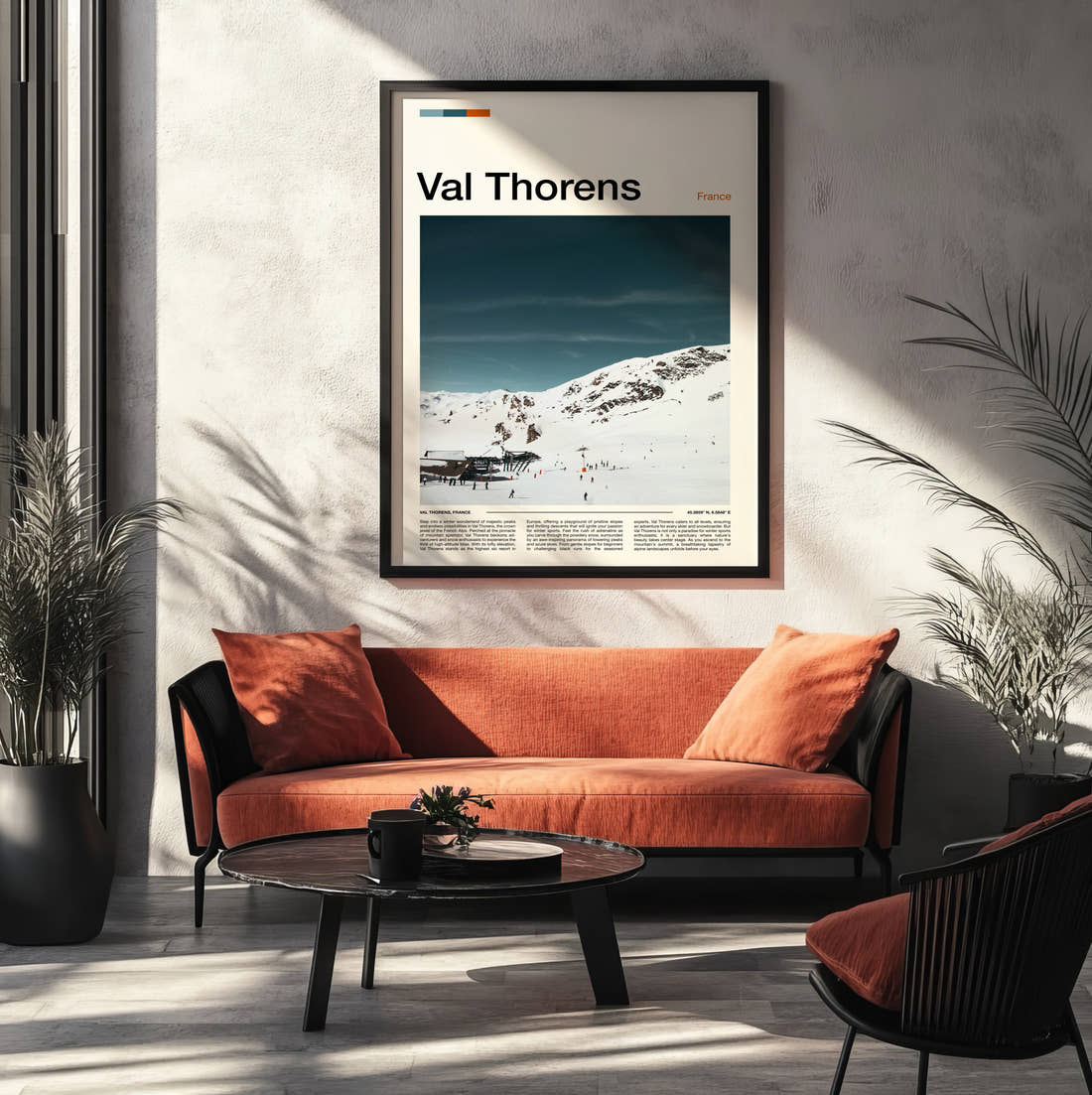 Val Thorens Skiers On The Piste Travel Print framed on the wall of a modern living room