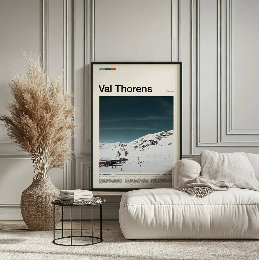 Val Thorens Skiers On The Piste Travel Print framed on the wall of a calm, neutral bedroom