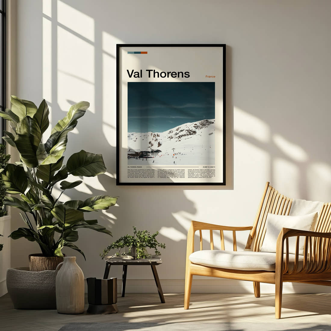 Val Thorens Skiers On The Piste Travel Print framed on a pale wall beside houseplants