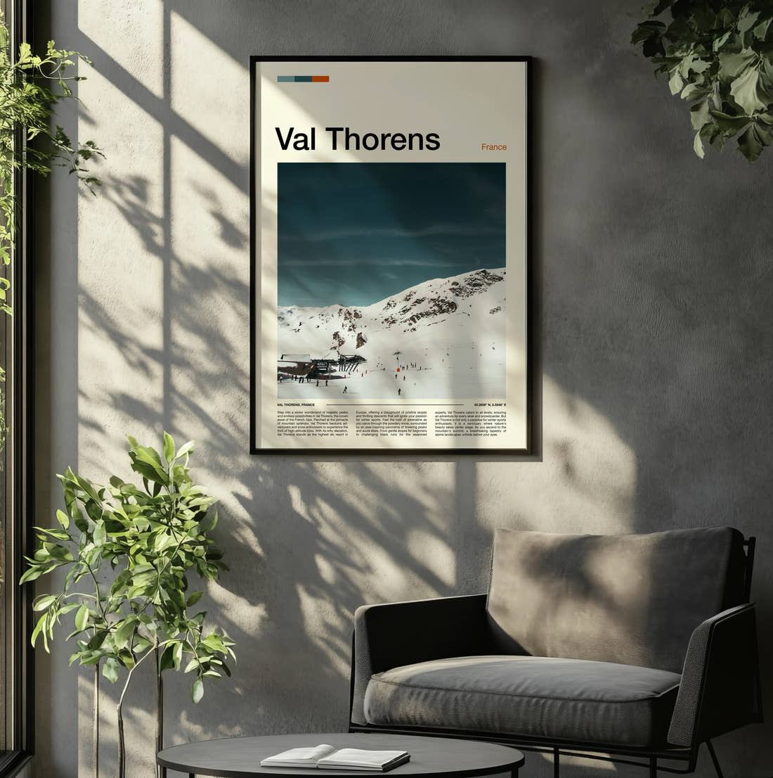 Val Thorens Skiers On The Piste Travel Print framed on the wall of a relaxed living room