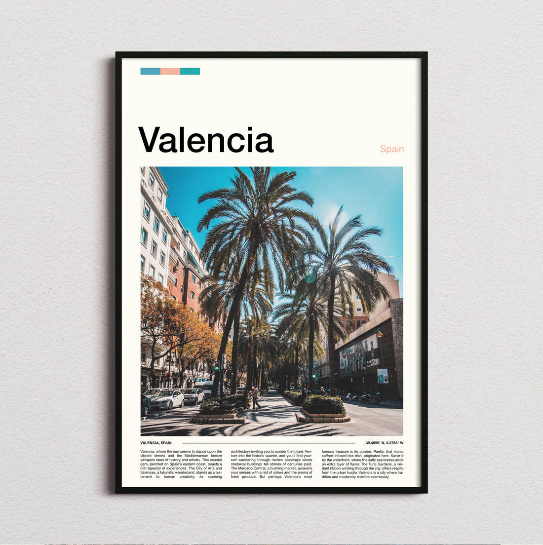 Valencia Palm Lined Street Travel Print framed and photographed straight on