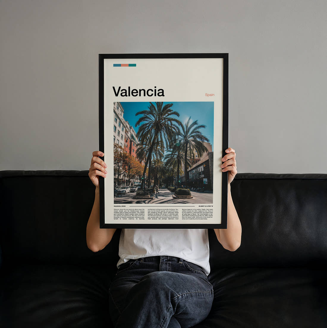 Valencia Palm Lined Street Travel Print held up by hand to show the size of the print