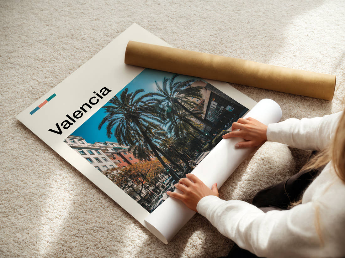 Valencia Palm Lined Street Travel Print being unrolled from its postal tube