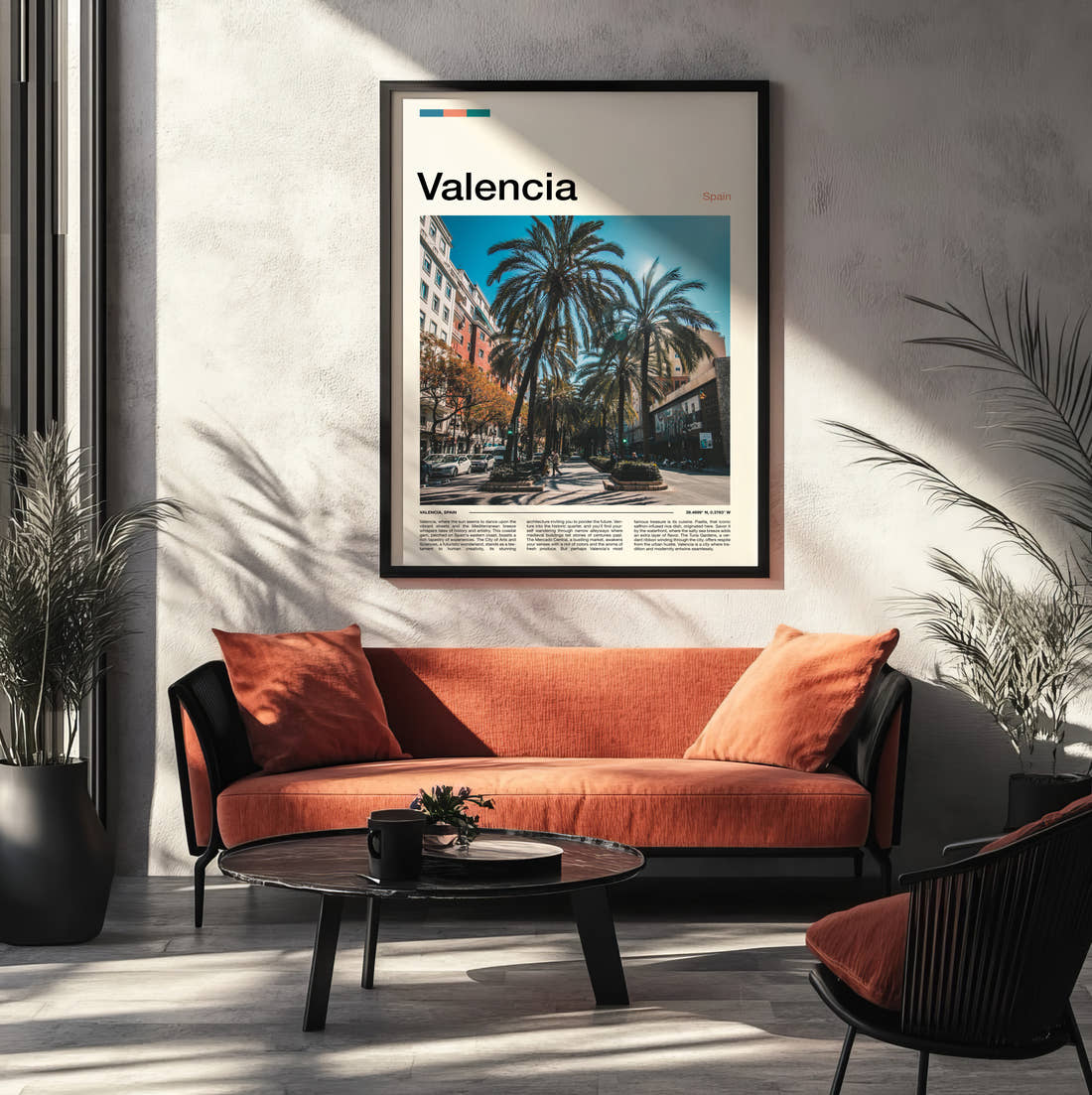 Valencia Palm Lined Street Travel Print framed on the wall of a modern living room