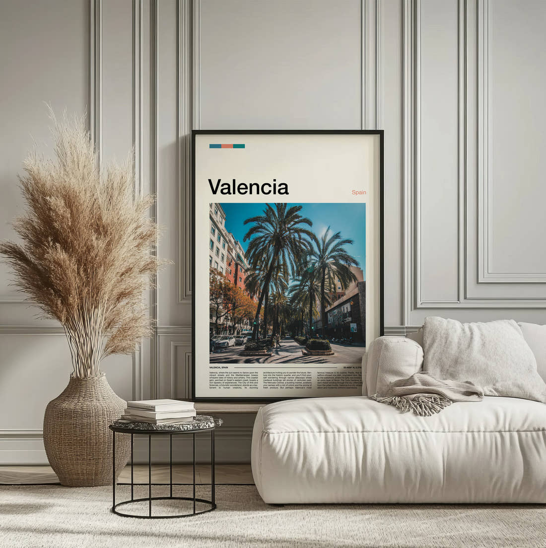 Valencia Palm Lined Street Travel Print framed on the wall of a calm, neutral bedroom