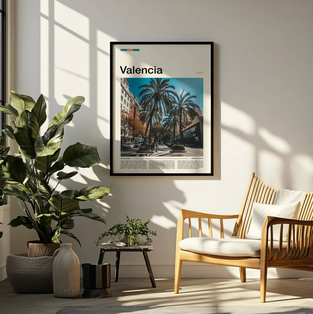 Valencia Palm Lined Street Travel Print framed on a pale wall beside houseplants