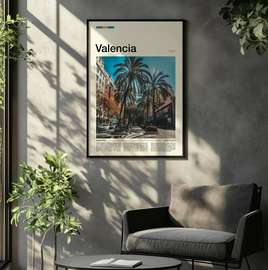 Valencia Palm Lined Street Travel Print framed on the wall of a relaxed living room