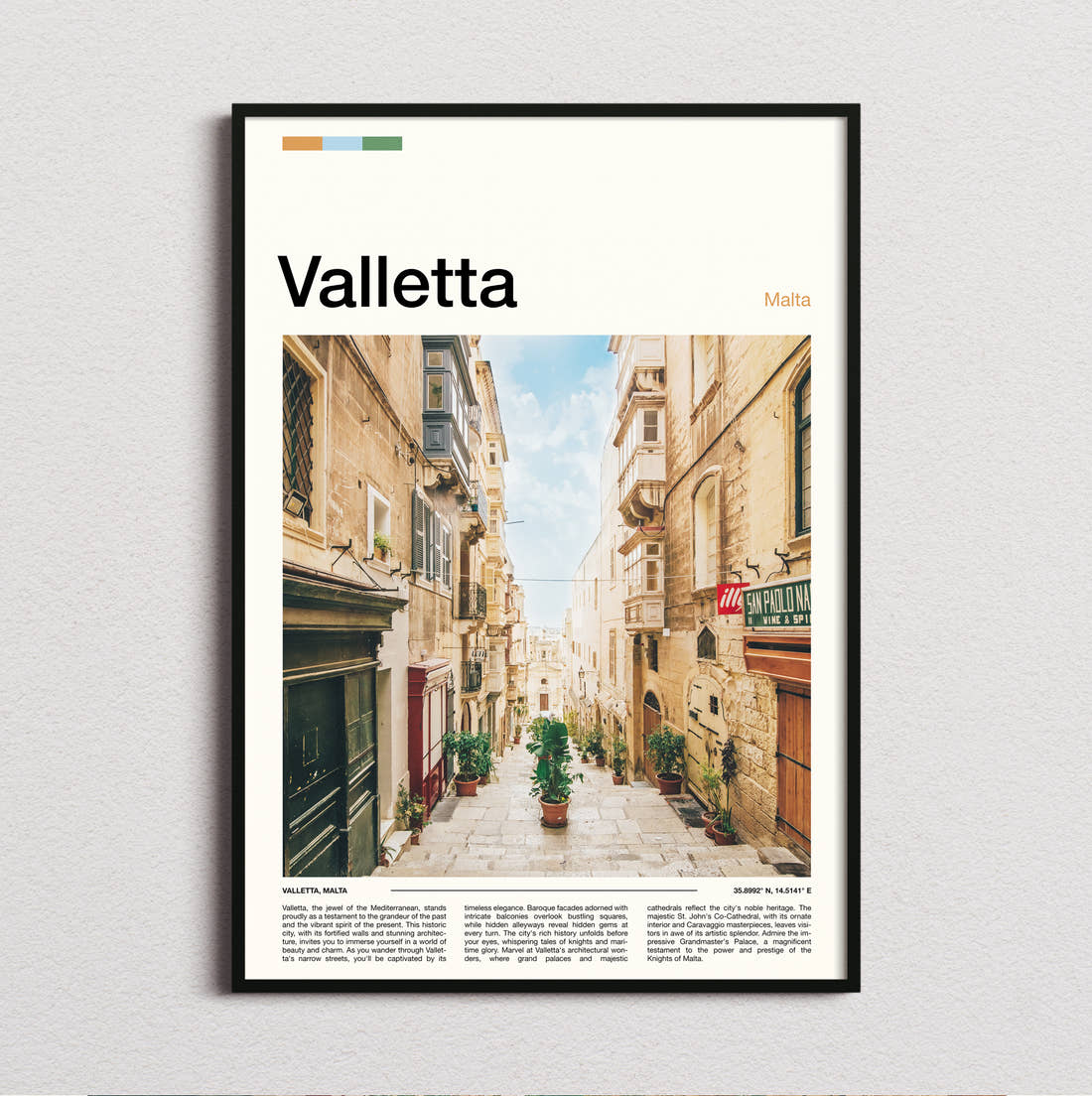 Valletta Narrow Street Travel Print framed and photographed straight on