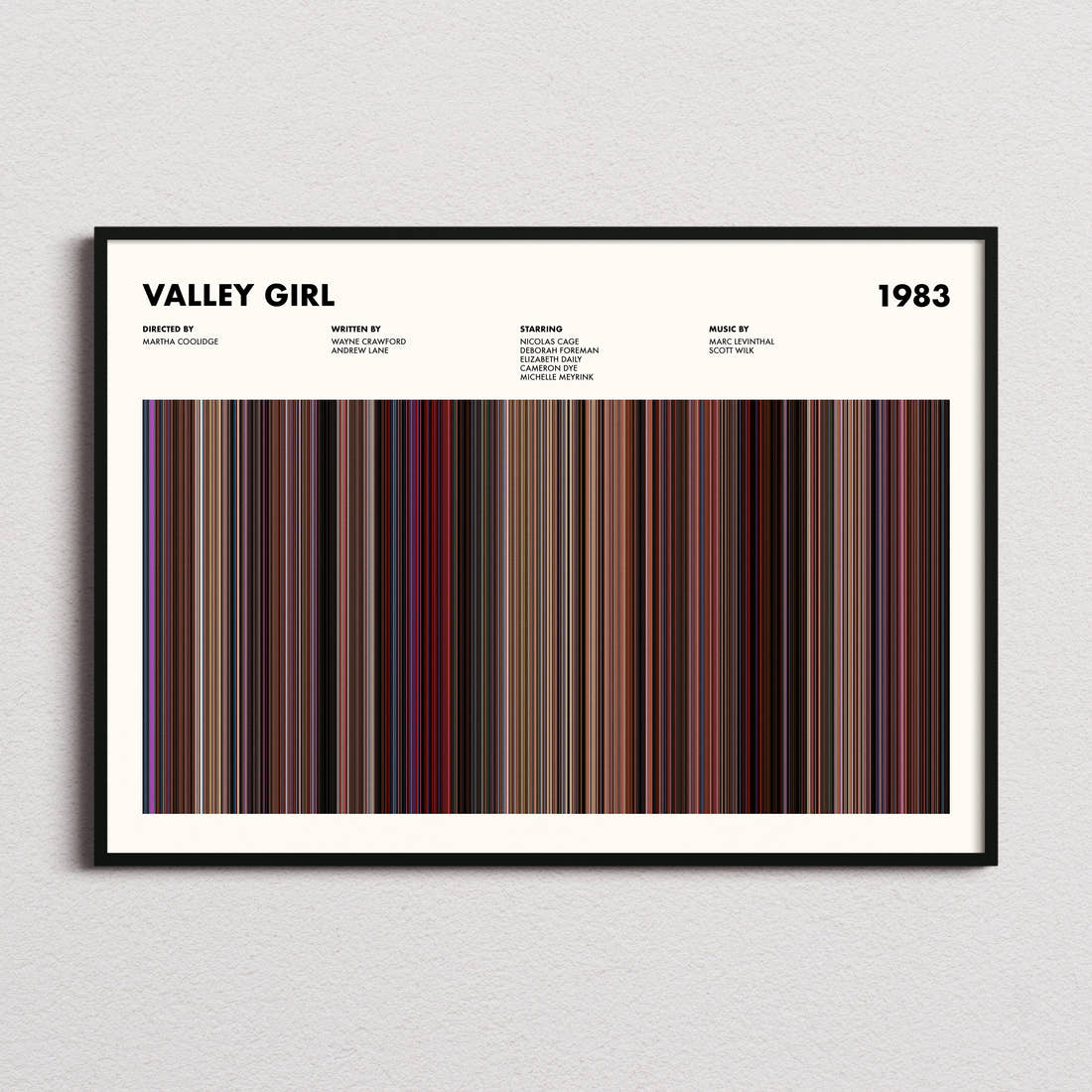Valley Girl Movie Barcode Poster framed and photographed straight on