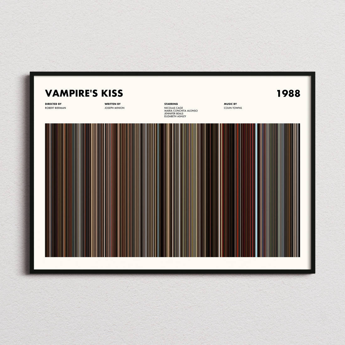 Vampire's Kiss Movie Barcode Poster framed and photographed straight on