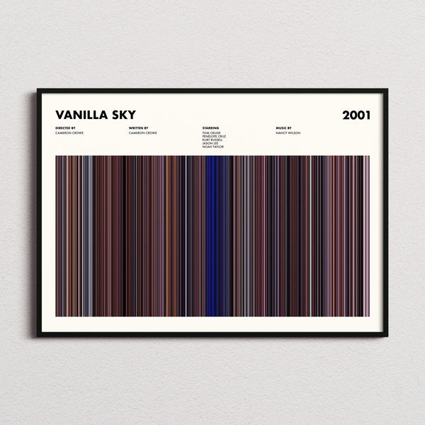 Vanilla Sky Movie Barcode Poster framed and photographed straight on