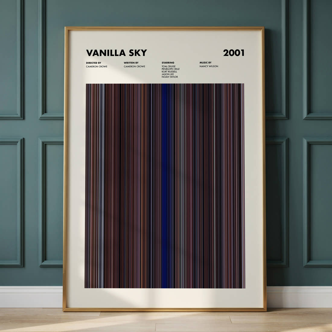 Vanilla Sky Movie Barcode Poster framed and leaning against a panelled wall