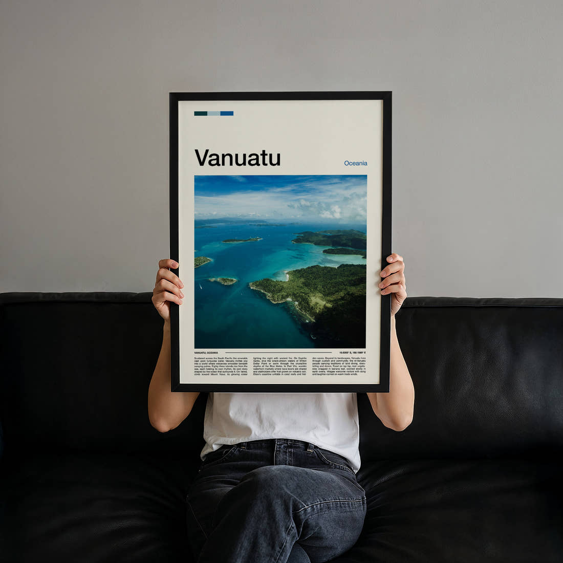 Vanuatu Aerial Island View Travel Print held up by hand to show the size of the print