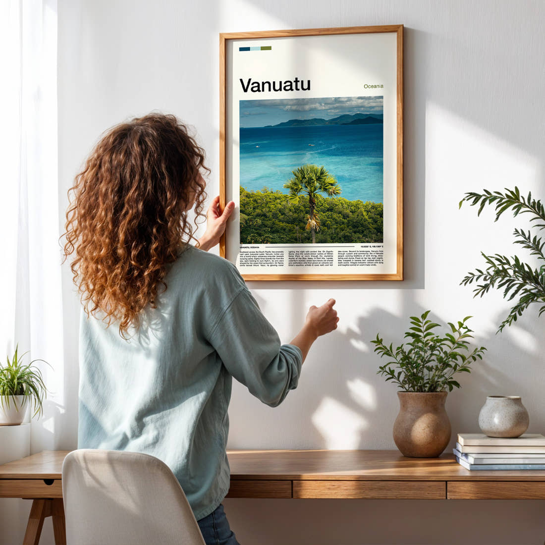 Vanuatu Palm Above Turquoise Bay Travel Print framed on a pale wall beside houseplants