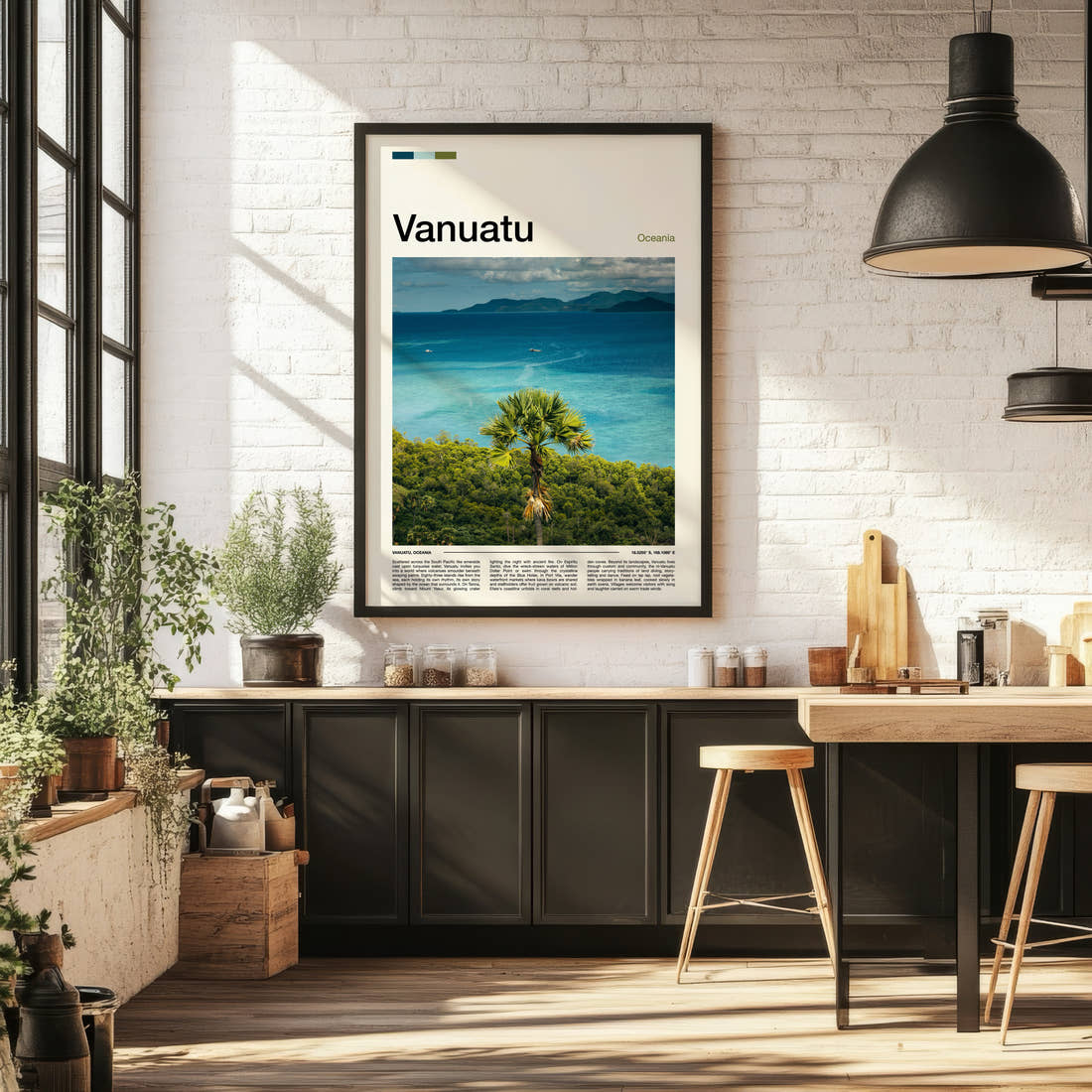 Vanuatu Palm Above Turquoise Bay Travel Print framed on the wall of a bright kitchen and dining space