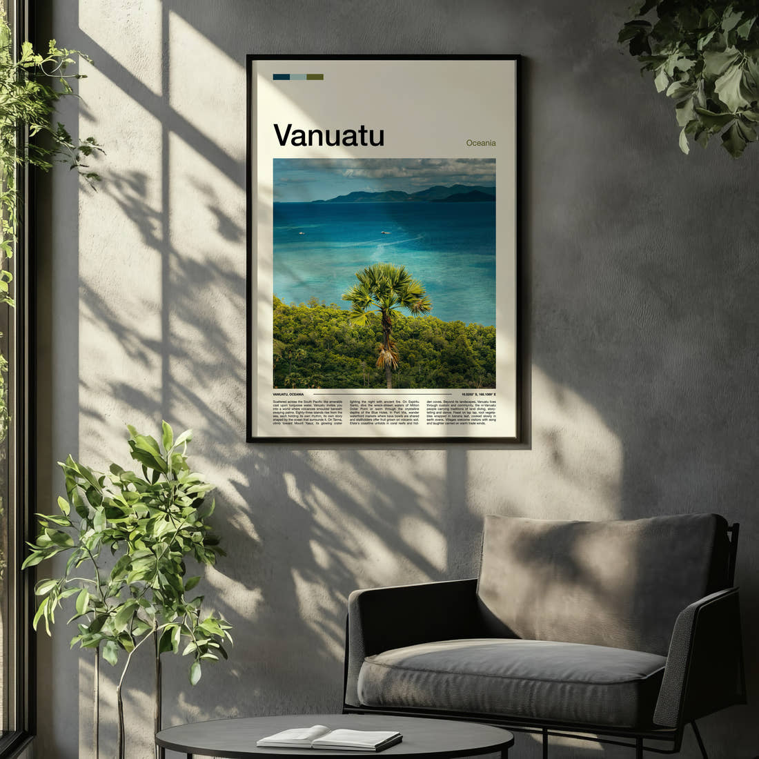 Vanuatu Palm Above Turquoise Bay Travel Print framed on the wall of a relaxed living room