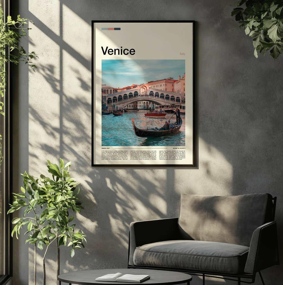 Venice Rialto Bridge Travel Print framed on the wall of a relaxed living room