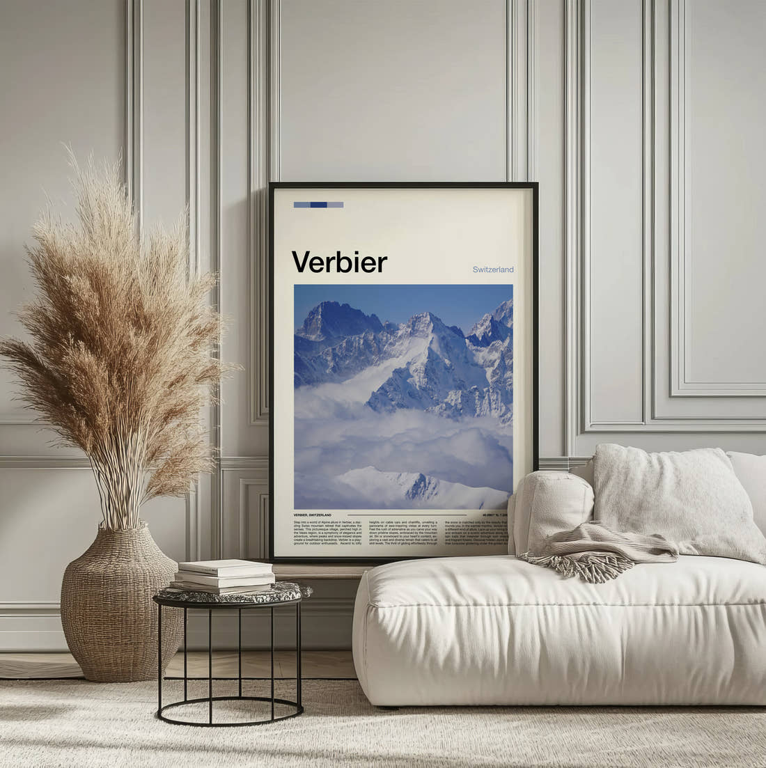 Verbier Peaks Above The Clouds Travel Print framed on the wall of a calm, neutral bedroom