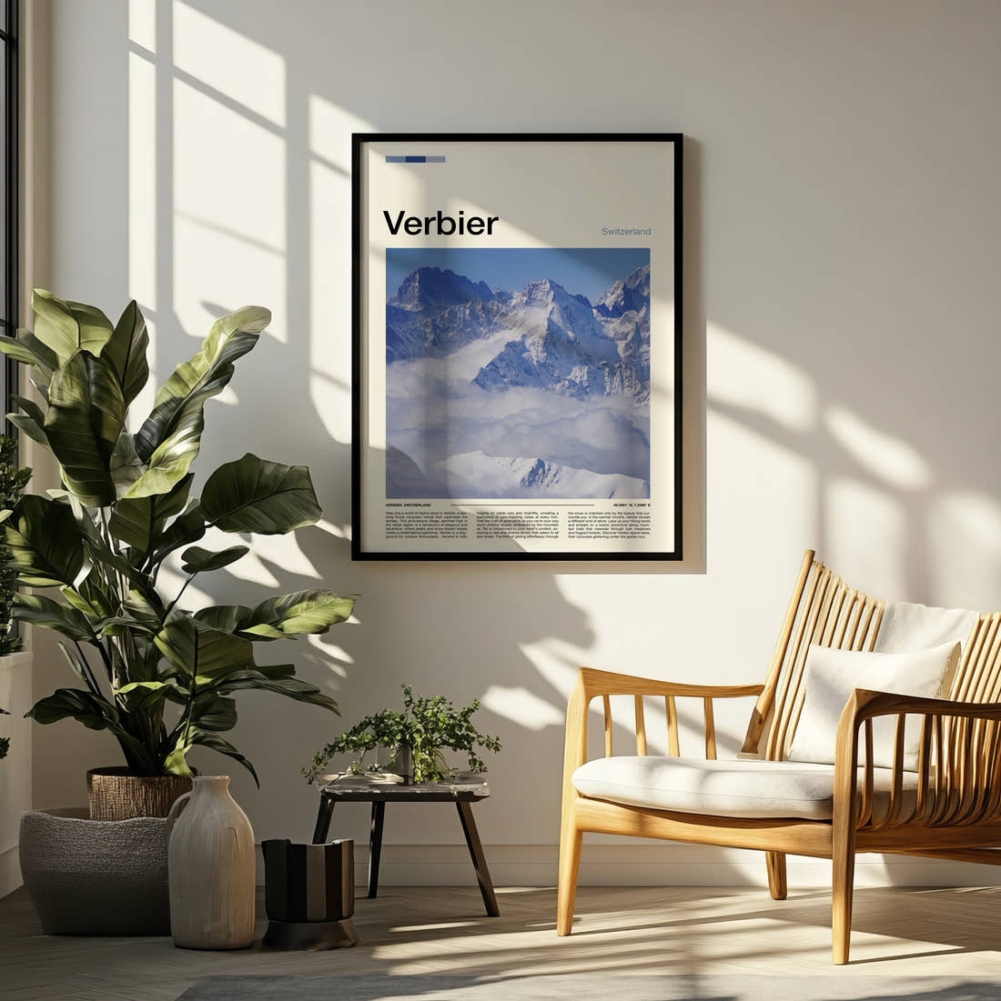 Verbier Peaks Above The Clouds Travel Print framed on a pale wall beside houseplants