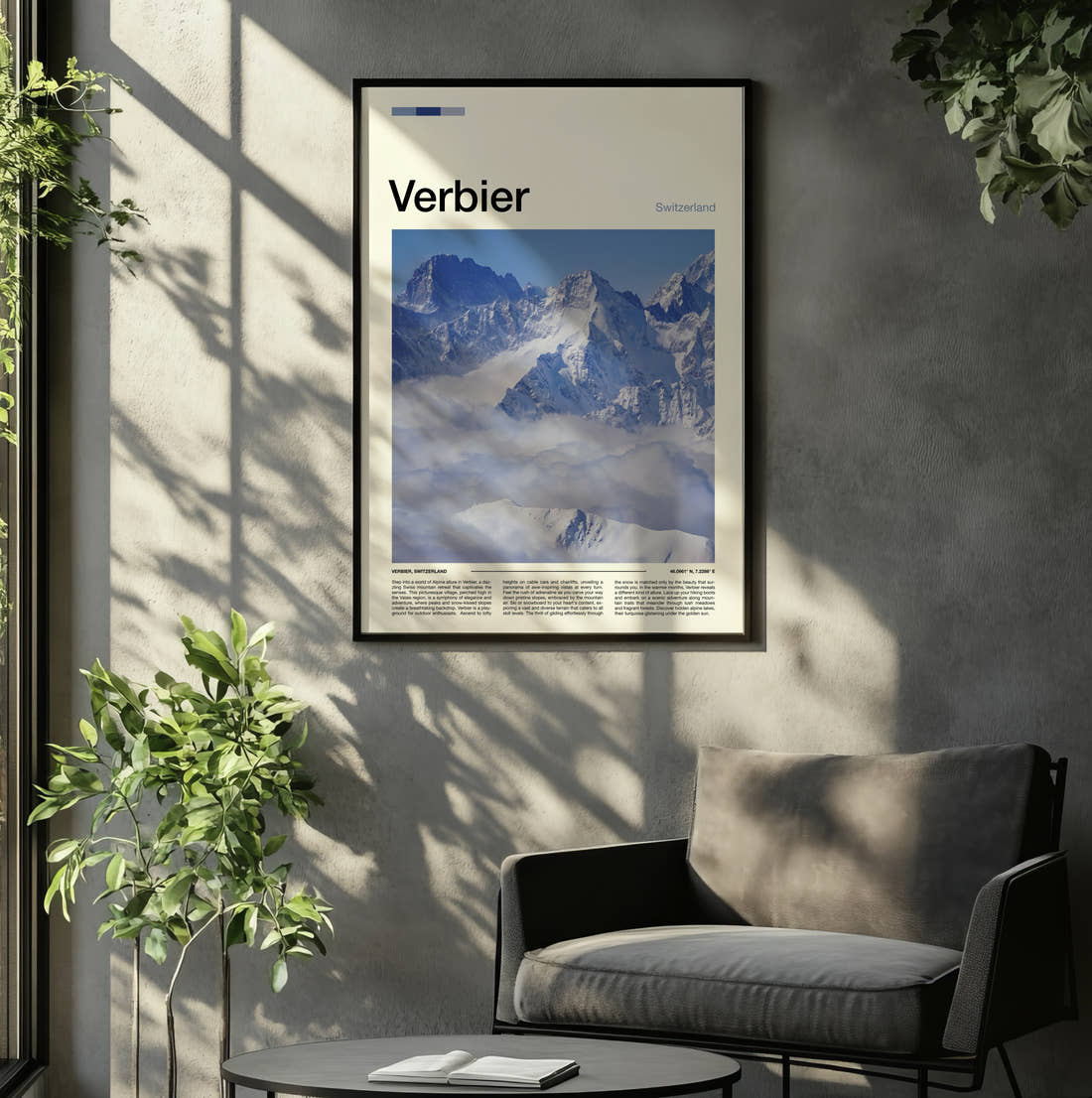 Verbier Peaks Above The Clouds Travel Print framed on the wall of a relaxed living room