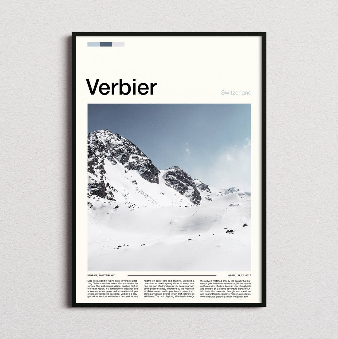Verbier Snowy Ridge Travel Print framed and photographed straight on