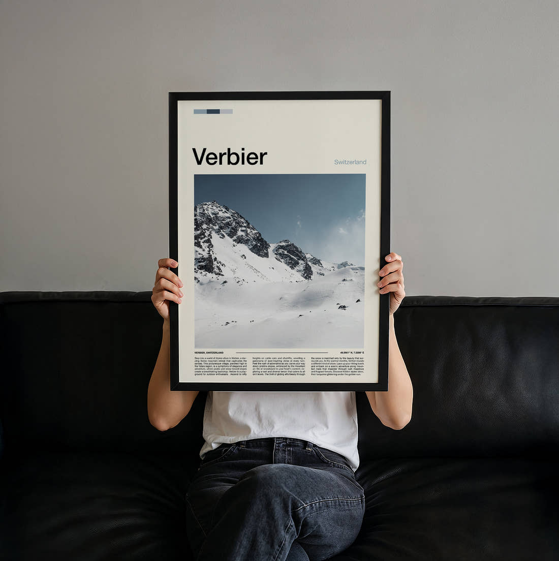 Verbier Snowy Ridge Travel Print held up by hand to show the size of the print
