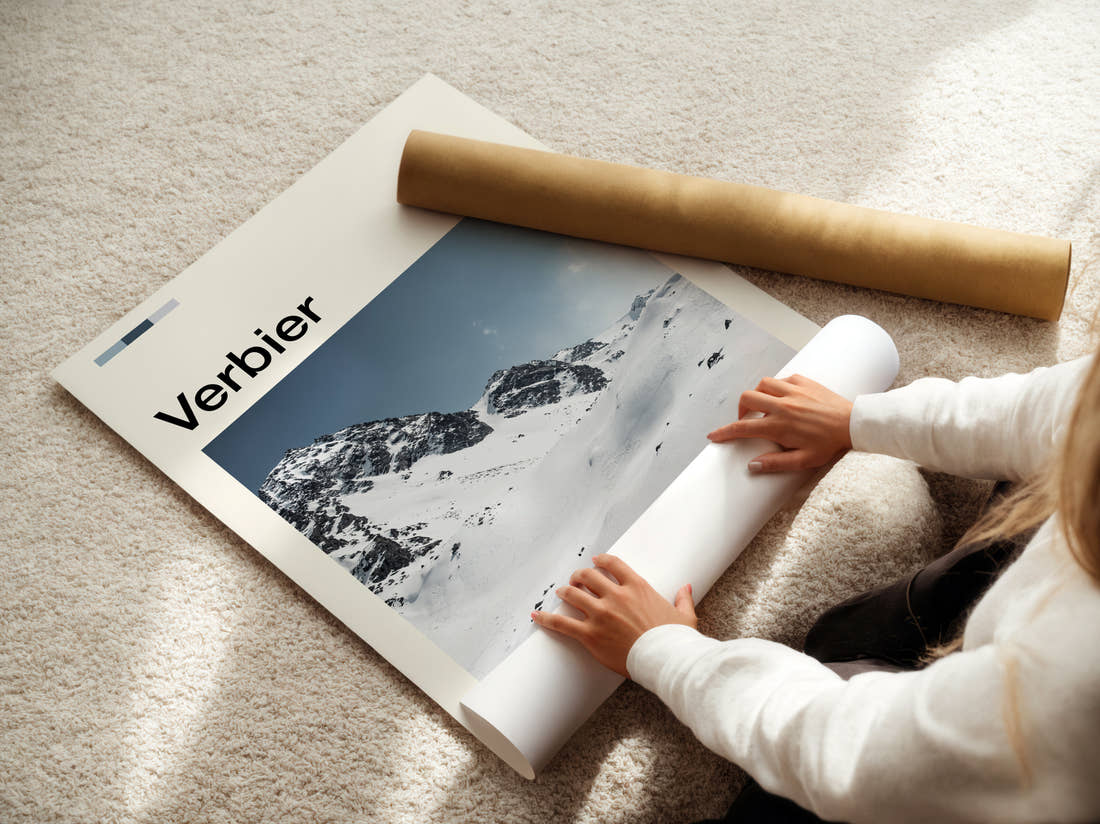 Verbier Snowy Ridge Travel Print being unrolled from its postal tube