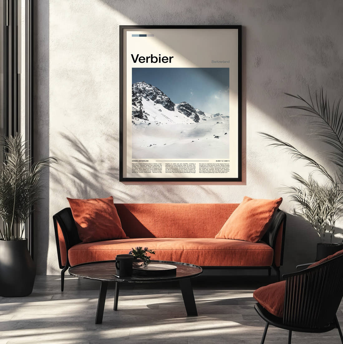 Verbier Snowy Ridge Travel Print framed on the wall of a modern living room