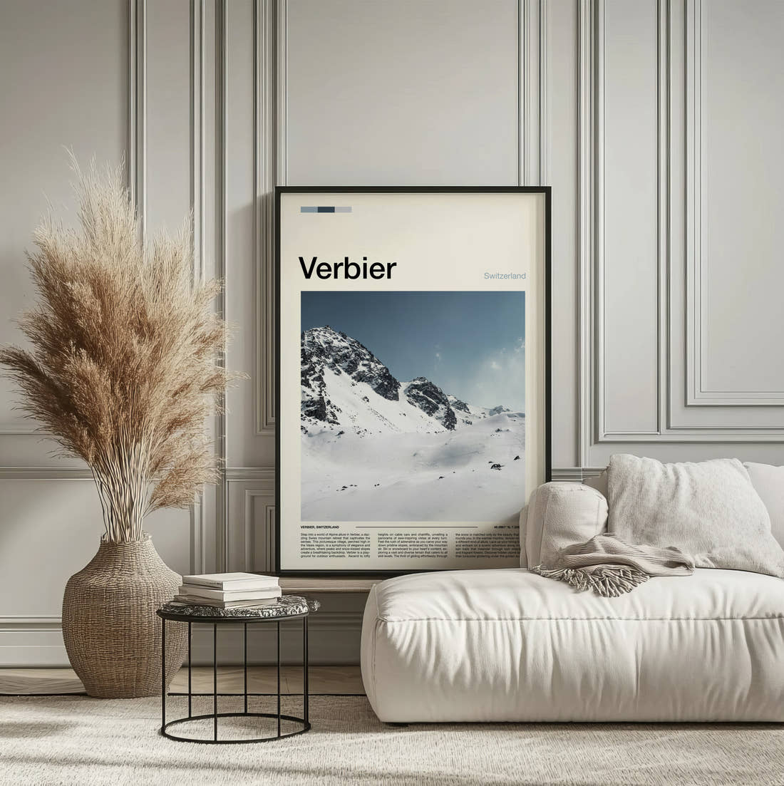 Verbier Snowy Ridge Travel Print framed on the wall of a calm, neutral bedroom
