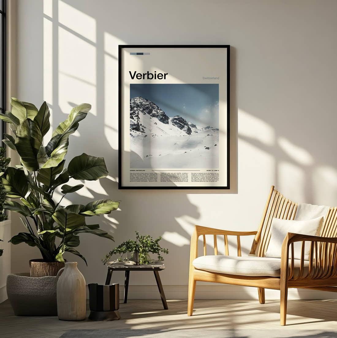 Verbier Snowy Ridge Travel Print framed on a pale wall beside houseplants