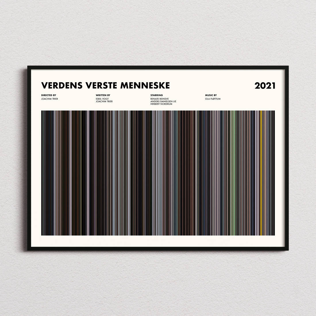 Verdens Verste Menneske Movie Barcode Poster framed and photographed straight on