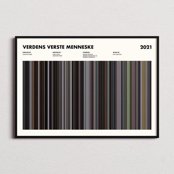 Verdens Verste Menneske Movie Barcode Poster framed and photographed straight on