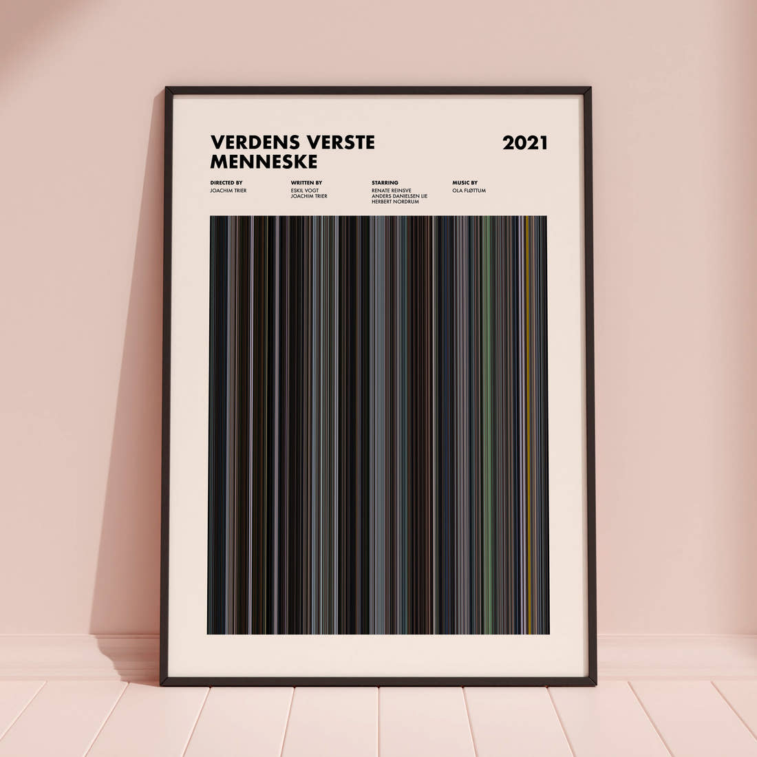 Verdens Verste Menneske Movie Barcode Poster framed and leaning against a coloured wall