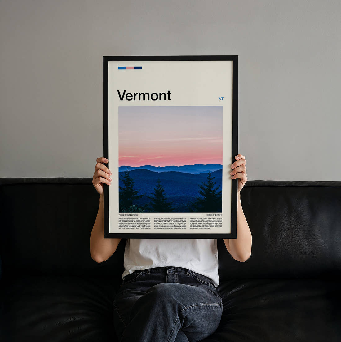 Vermont Purple Mountain Ridges Travel Print held up by hand to show the size of the print