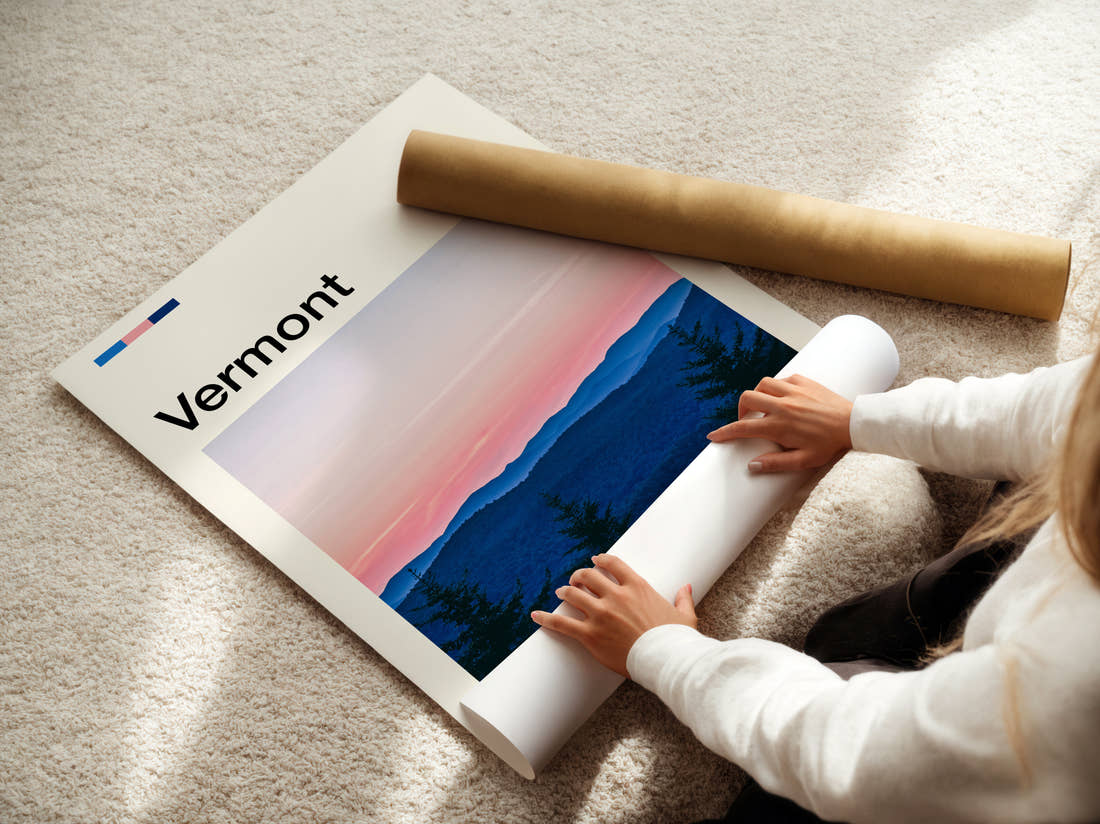 Vermont Purple Mountain Ridges Travel Print being unrolled from its postal tube