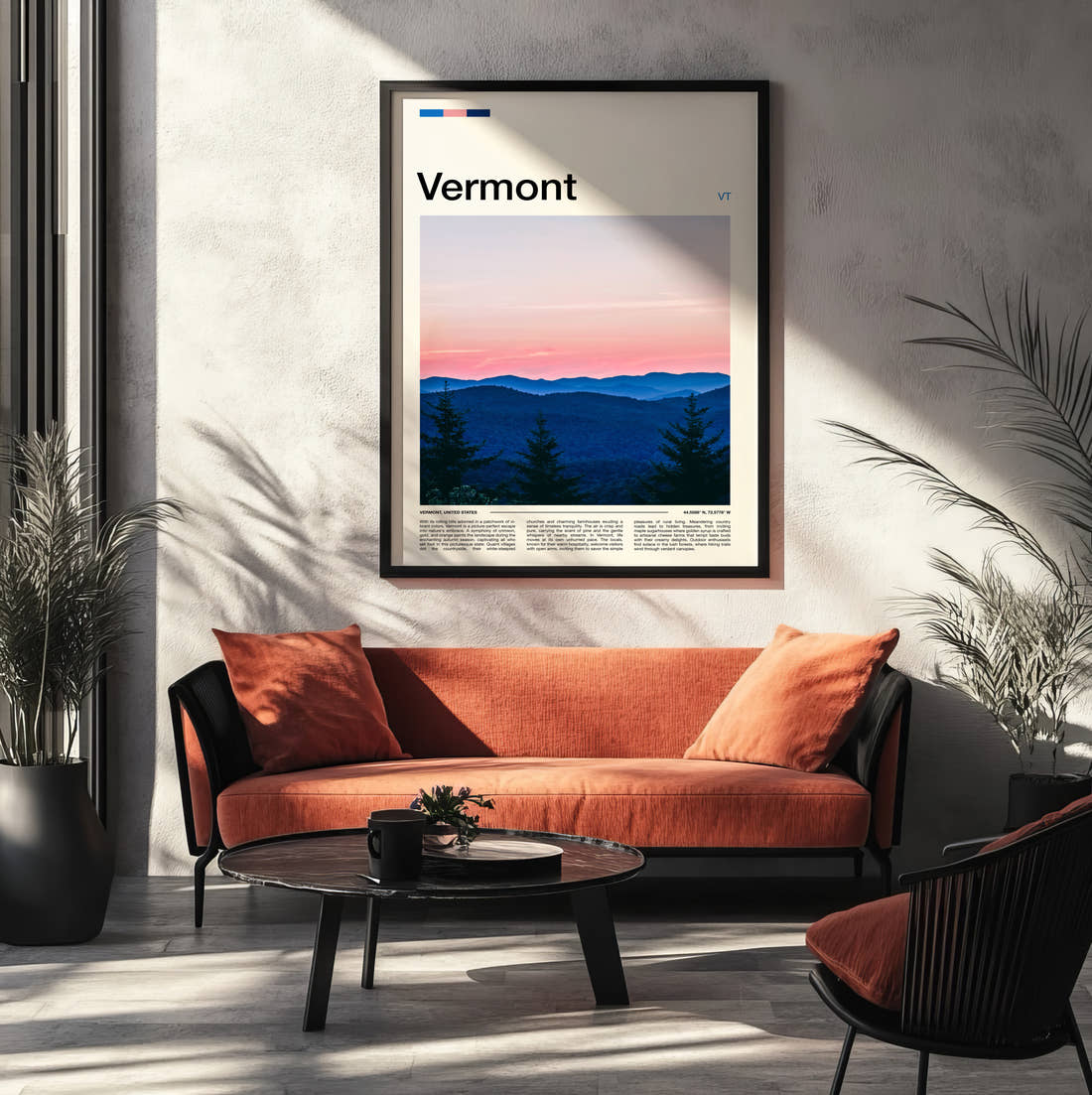 Vermont Purple Mountain Ridges Travel Print framed on the wall of a modern living room