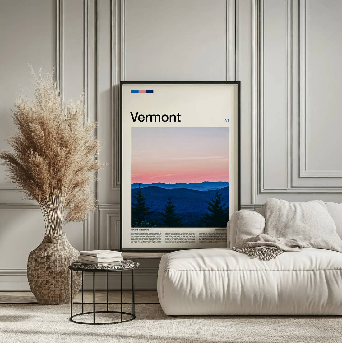 Vermont Purple Mountain Ridges Travel Print framed on the wall of a calm, neutral bedroom