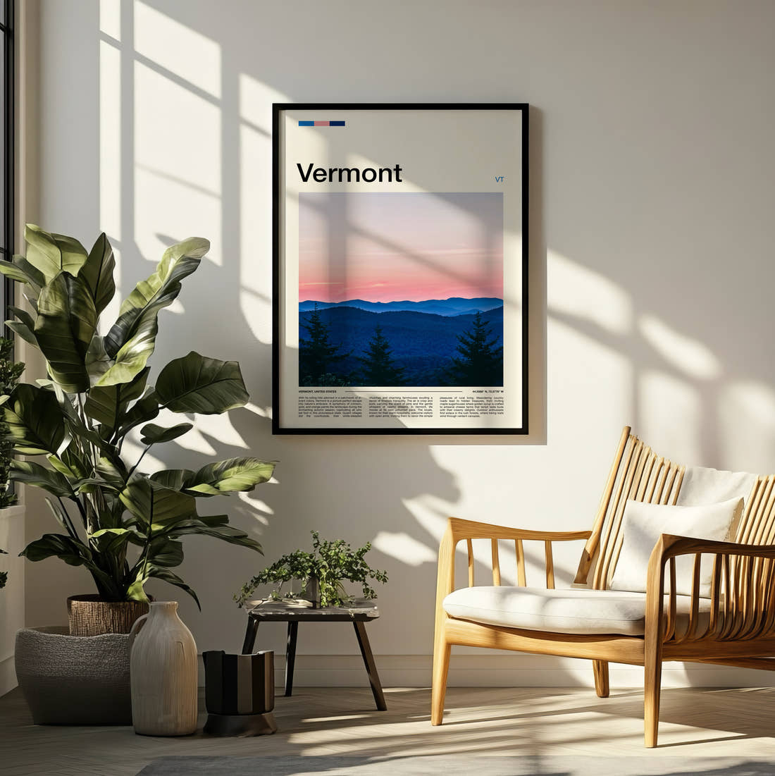 Vermont Purple Mountain Ridges Travel Print framed on a pale wall beside houseplants