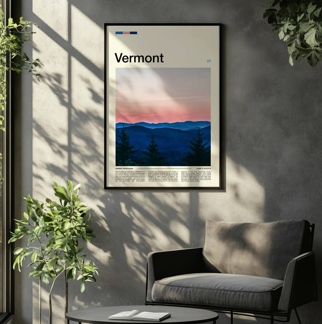Vermont Purple Mountain Ridges Travel Print framed on the wall of a relaxed living room