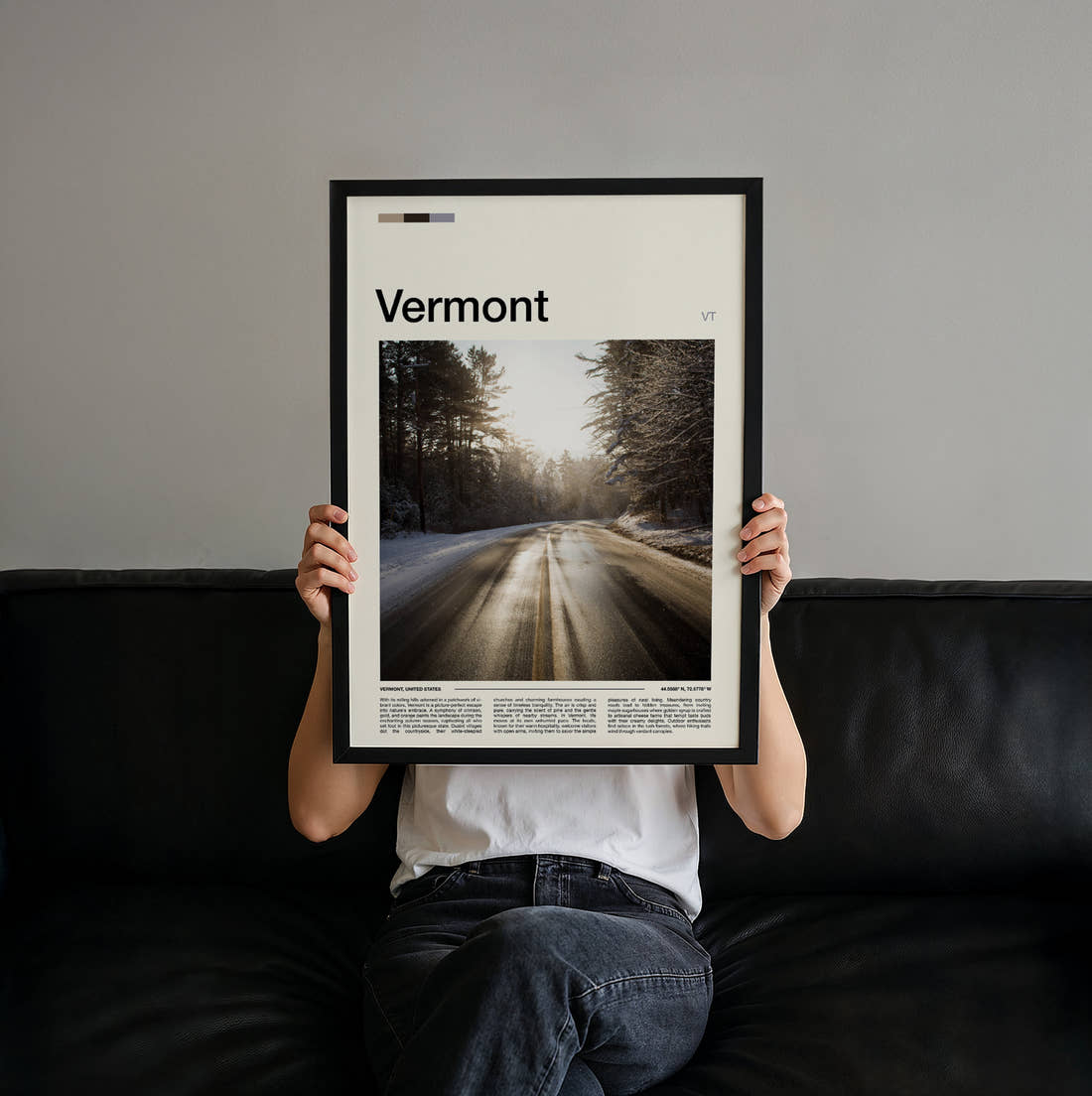 Vermont Sunlit Forest Road Travel Print held up by hand to show the size of the print