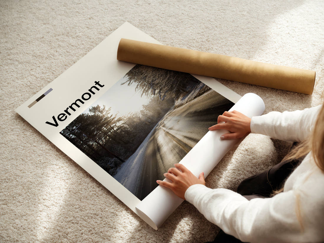 Vermont Sunlit Forest Road Travel Print being unrolled from its postal tube