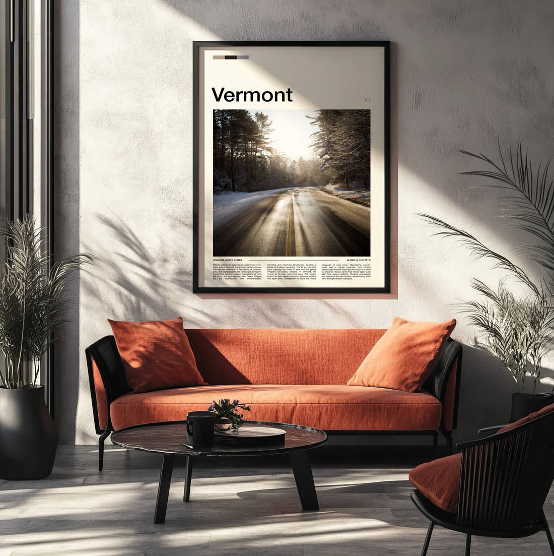 Vermont Sunlit Forest Road Travel Print framed on the wall of a modern living room