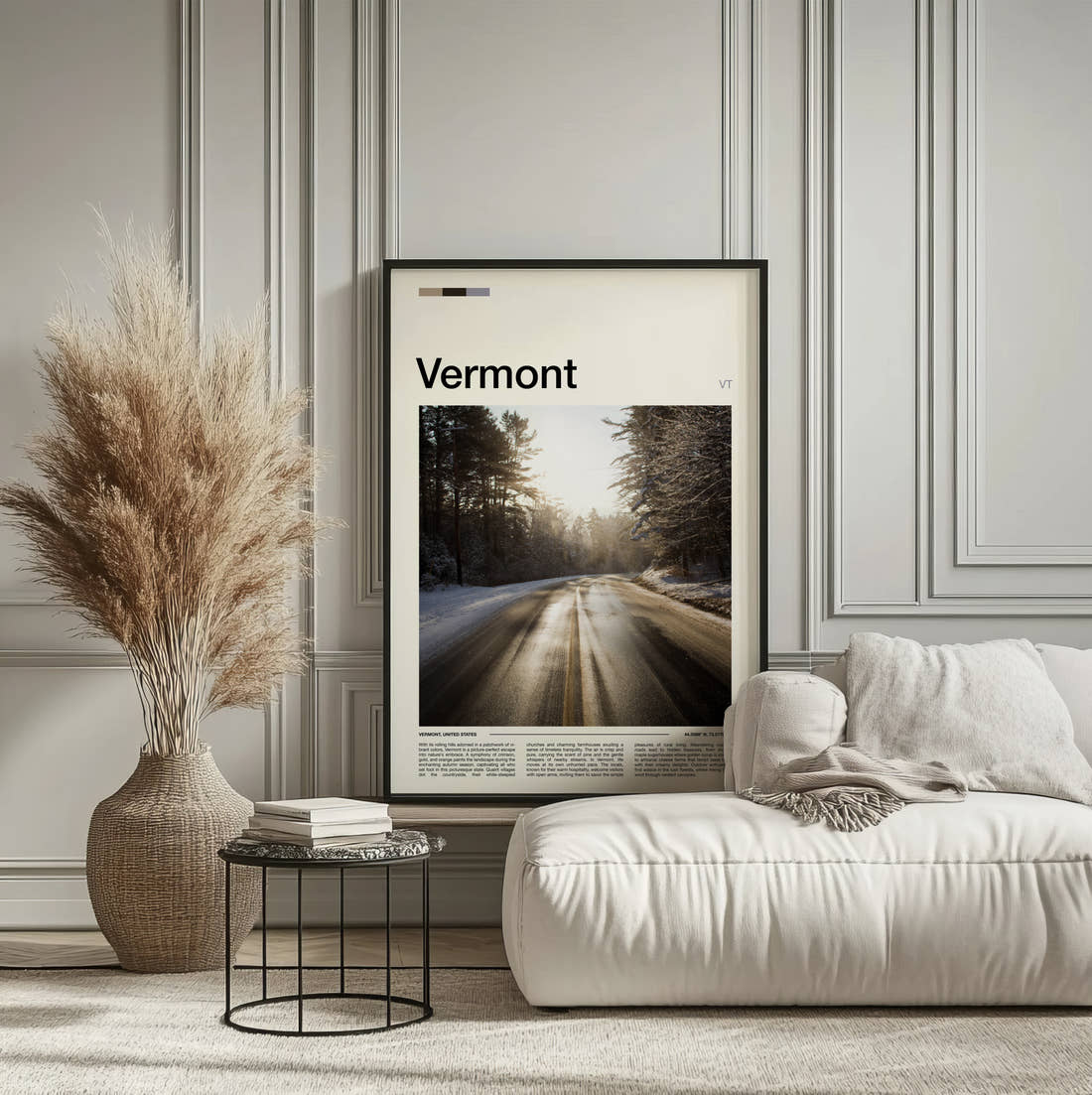 Vermont Sunlit Forest Road Travel Print framed on the wall of a calm, neutral bedroom