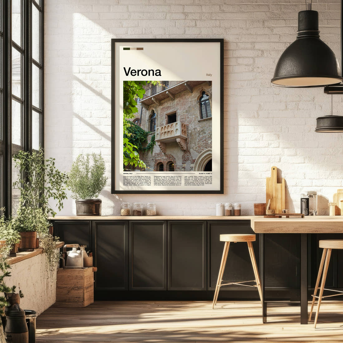 Verona Juliet'S Balcony Travel Print framed on the wall of a bright kitchen and dining space
