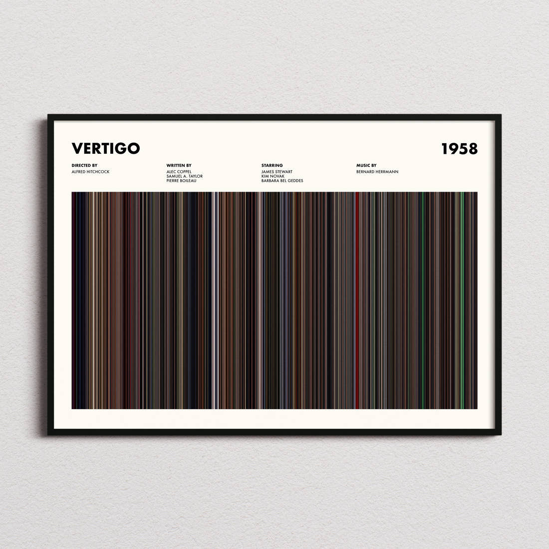 Vertigo Movie Barcode Poster framed and photographed straight on