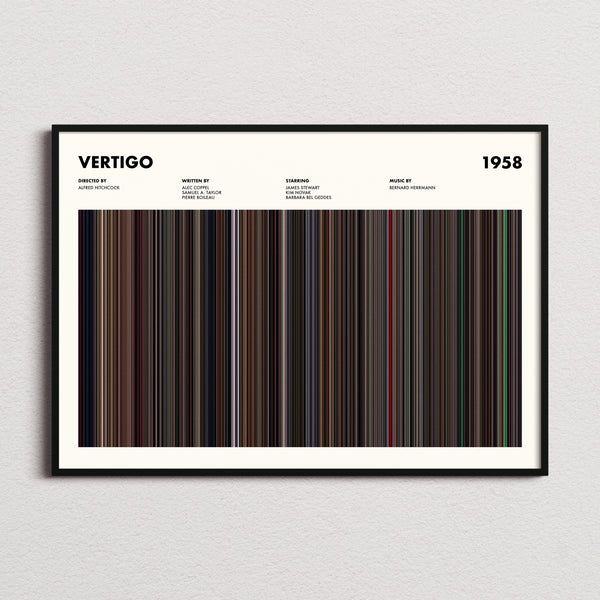 Vertigo Movie Barcode Poster framed and photographed straight on