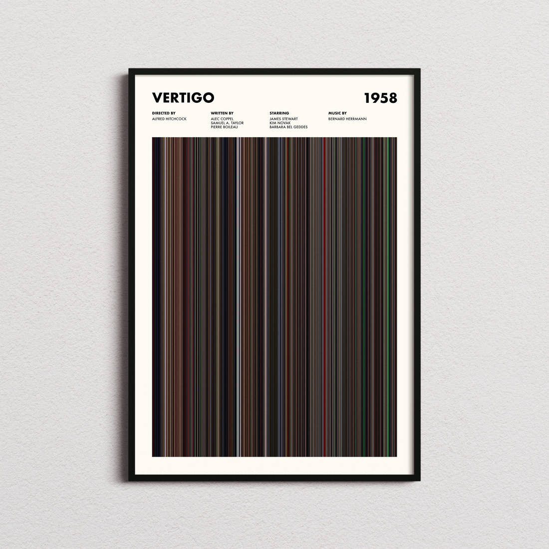 Vertigo Movie Barcode Poster framed on a plain studio wall