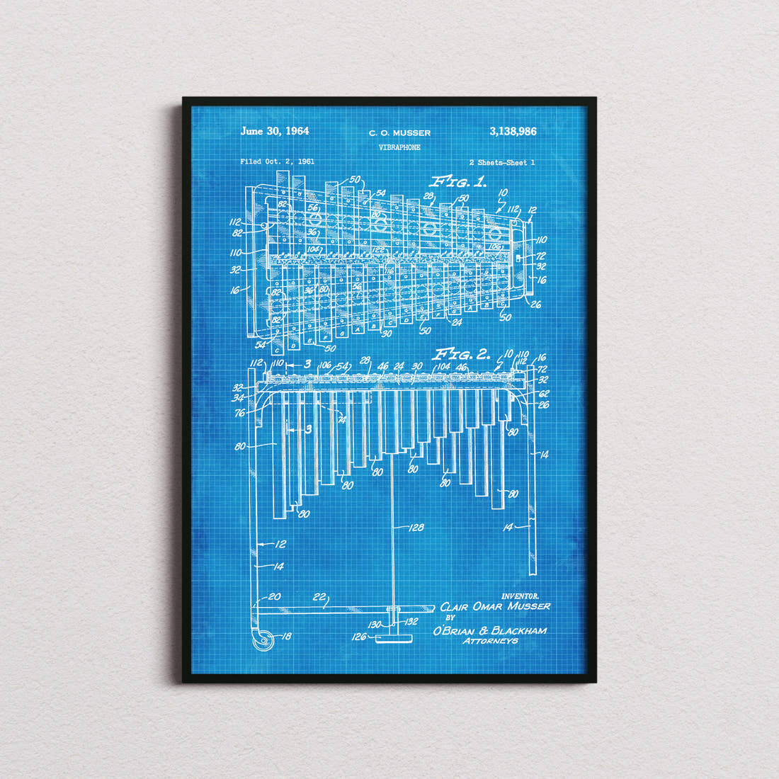 Vibraphone Patent Print in the blueprint colourway, framed