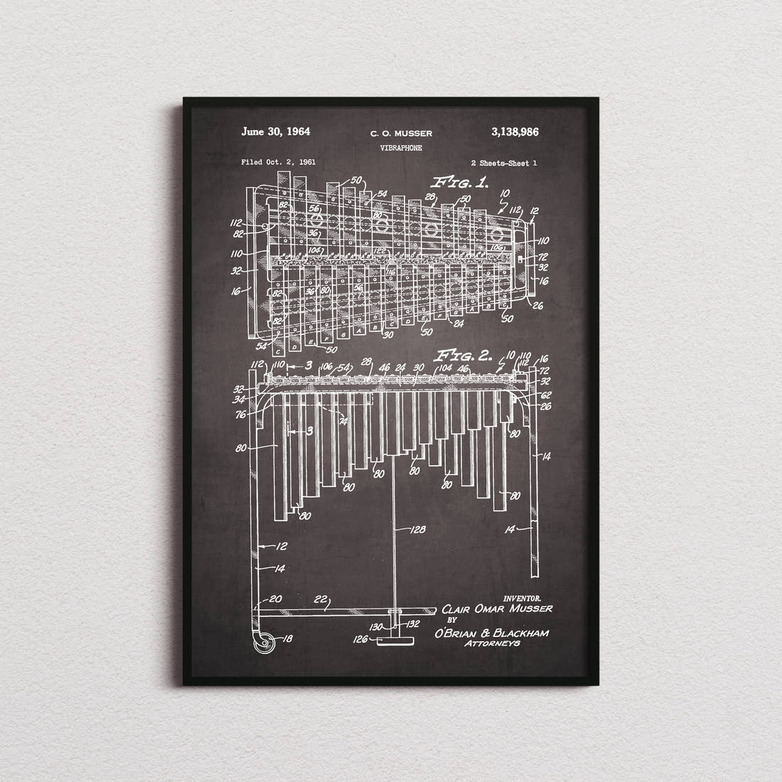 Vibraphone Patent Print in the blackboard colourway, framed