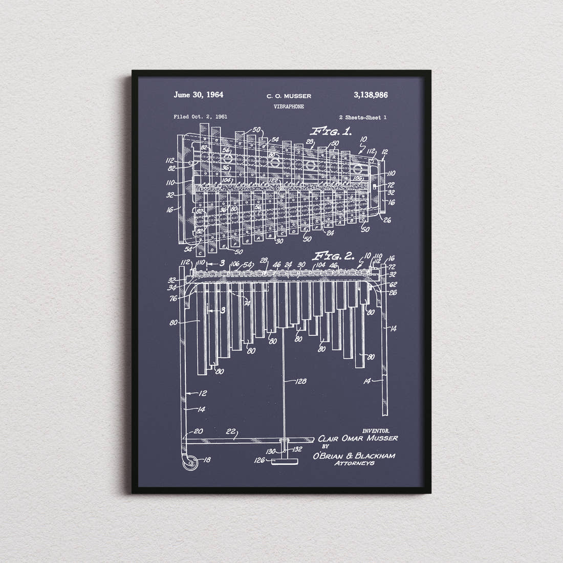 Vibraphone Patent Print in the navy colourway, framed